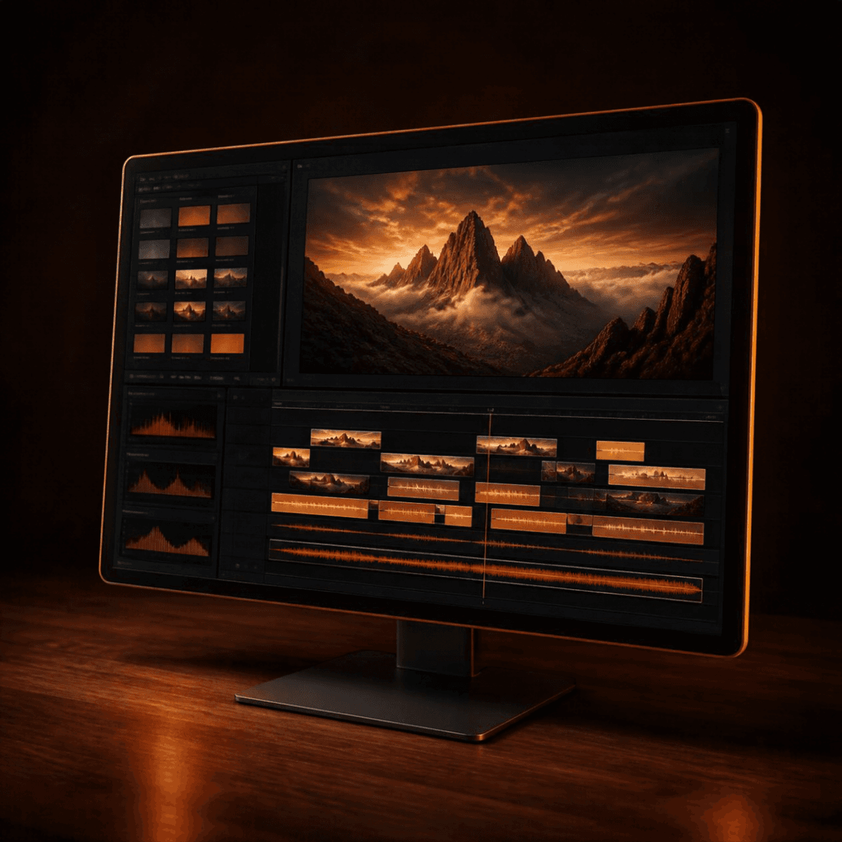 Video editing timeline on a widescreen monitor